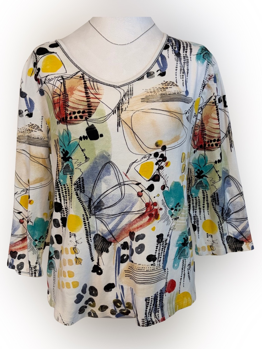 Vintage Jess & Jane Womens Abstract Floral Print V-Neck Top - Size Large